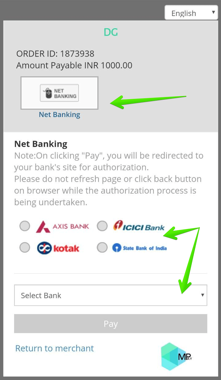 Net Banking payment option